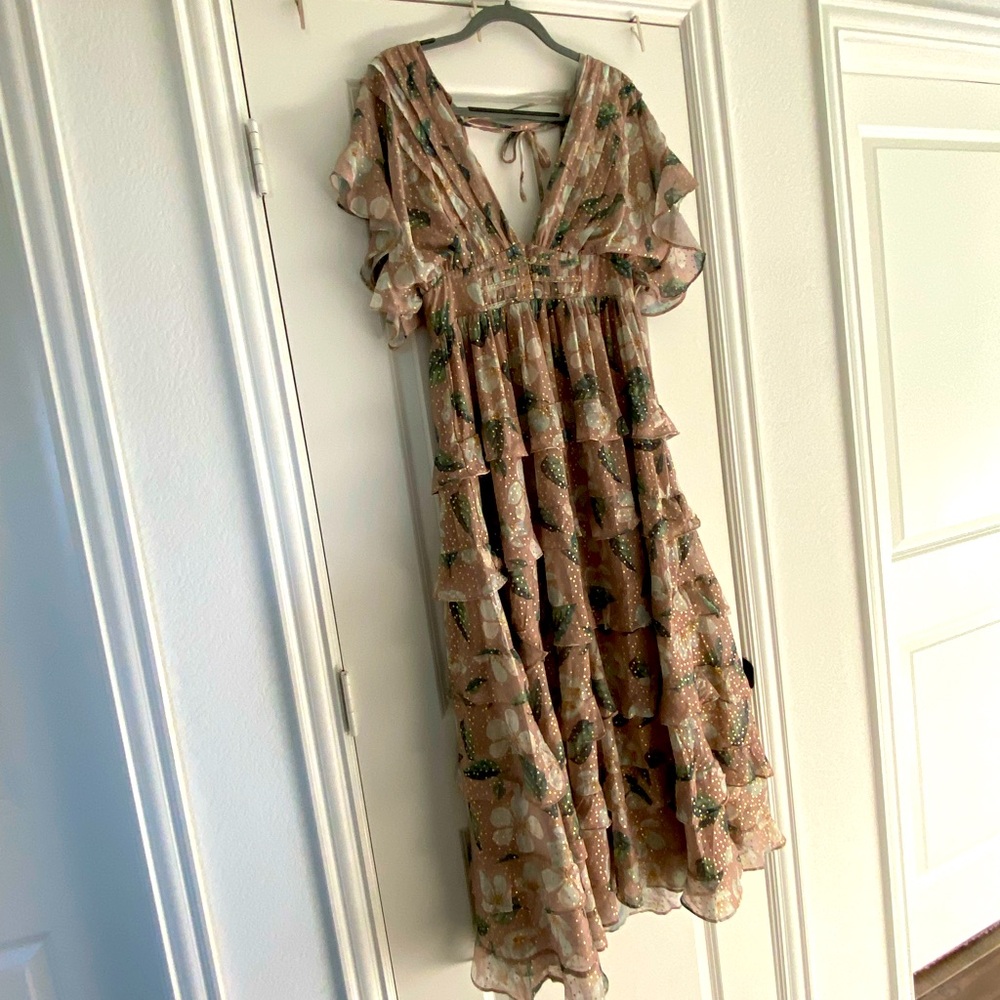 Molly Green maxi dress multi-tiered and lined in EUC size L